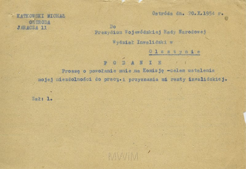 KKE 5547.jpg - Dok. Podanie Michała Katkowskiego w sprawie wezwania na komisję lekarską, Ostróda, 20 X 1954 r.